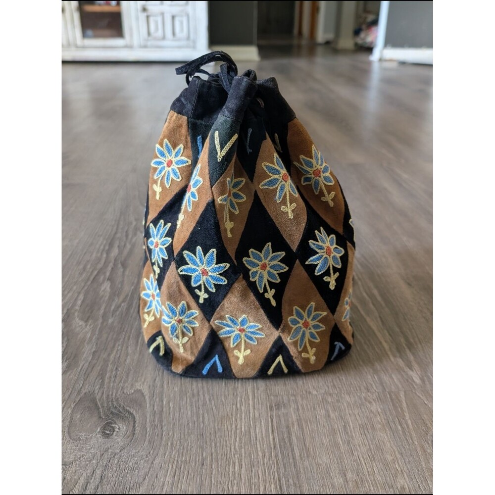 Embroidered Drawstring Suede Floral Bucket Bag - Black & Brown with Blue Flowers